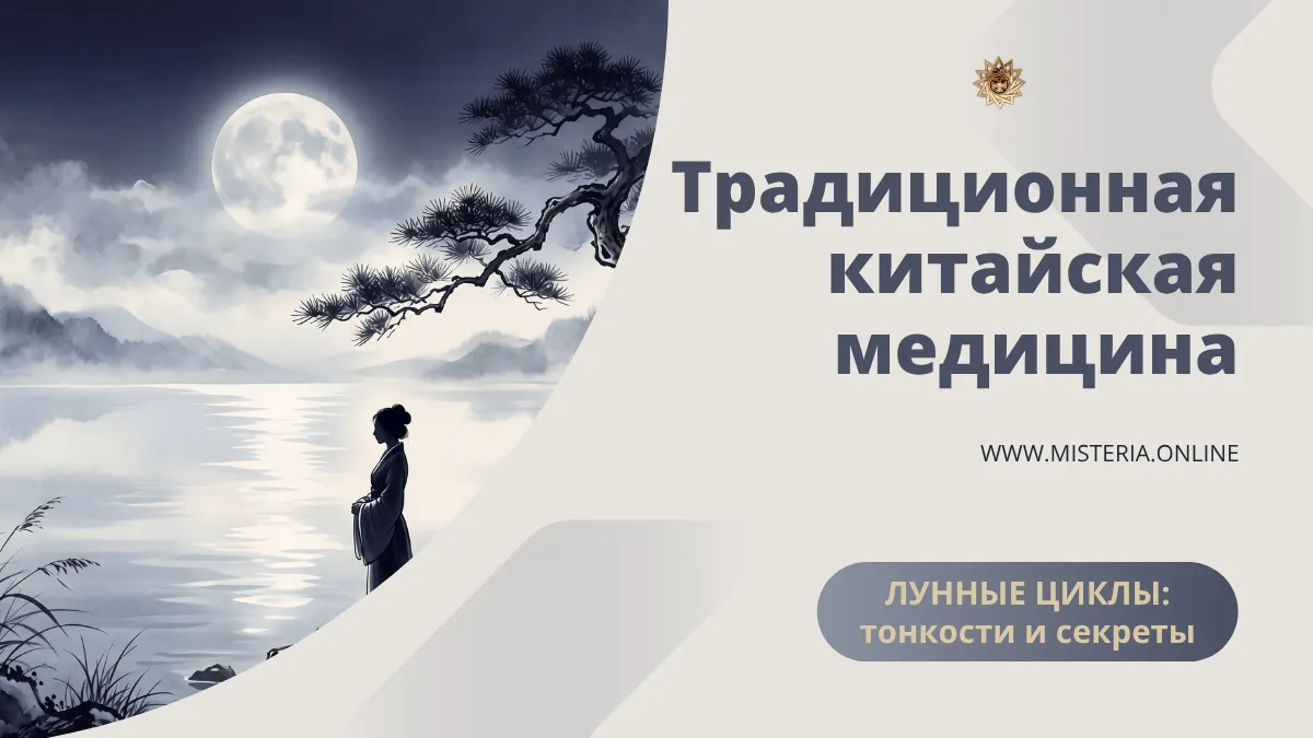 Лунные циклы в Традиционной Китайской Медицине: фазы Луны, женское здоровье и лечение по лунному календарю. Иллюстрация в стиле китайской живописи.