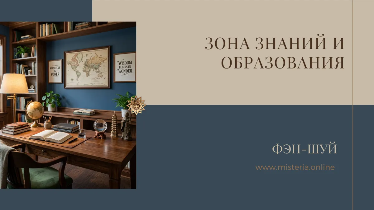 Зона знаний и образования по фэн-шуй: северо-восточный сектор с символами мудрости и учебными предметами
